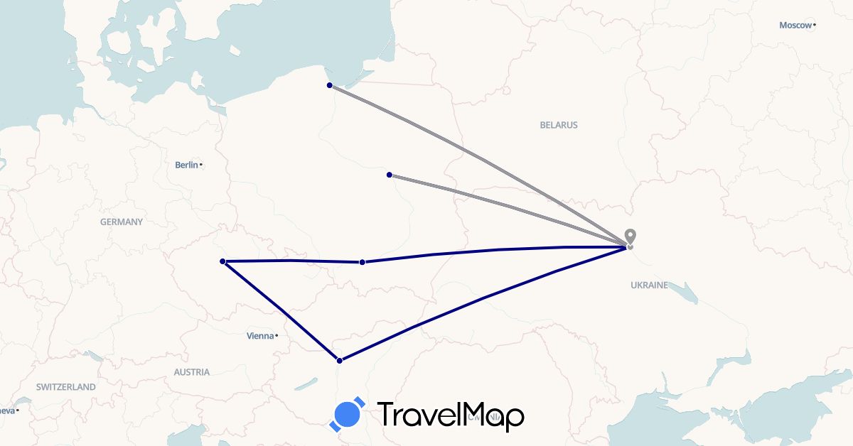 TravelMap itinerary: driving, plane in Czech Republic, Hungary, Poland, Ukraine (Europe)